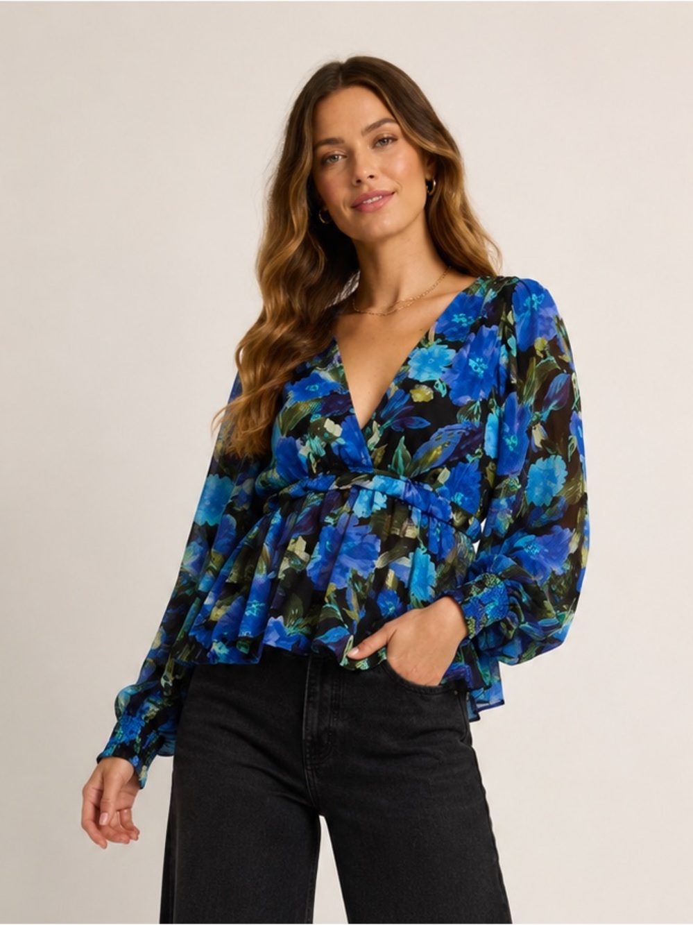 Blu Pepper Blue Green Floral Babydoll Peplum Top NWT Long Sleeve Size Small
